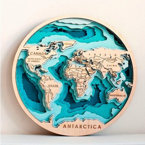 Laser Cut 6 layer 3D map of the world, multilayer panel, 3D wood world map antistress coloring