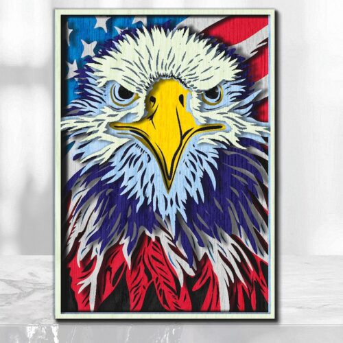 Laser Cut 8 layers bald eagle laser cut files 3d of bald eagle and American flag 4th of July independence Patriotic american bald eagle flag USA
