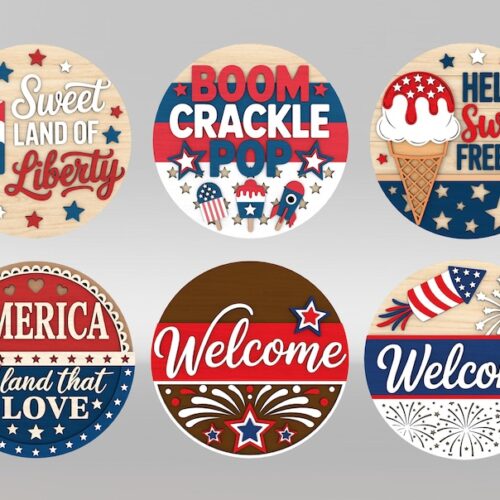 Laser Cut Patriotic Round Sign SVG Bundle, 4th of July Door Hanger Files, Sweet Liberty, Fireworks Welcome Sign, Glowforge