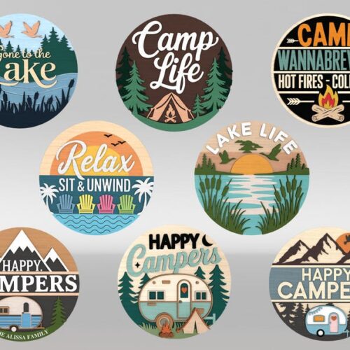 Laser Cut Camping Round Sign SVG Bundle, Happy Camper, Camper Welcome Sign, Camping Door Hanger, Glowforge Files