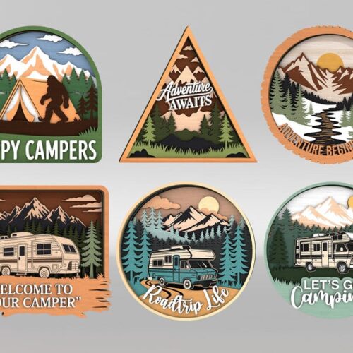 Laser Cut Camping Adventure Sign SVG Bundle, RV Camper Laser Cut Files, Happy Campers SVG, Adventure Begins, Glowforge Multilayer Outdoor Decor