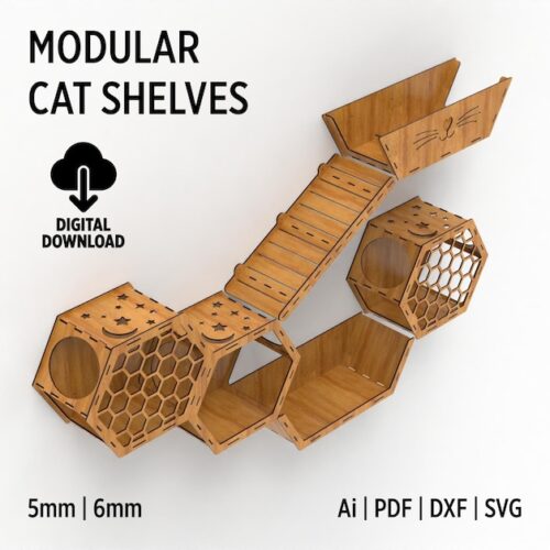 Laser Cut Modular Cat Wall Shelves, Cat Wall Trees SVG and DXF Cutting Files For Laser Cut, Cat Wall Furnitures, Great Gift for Cat Lovers