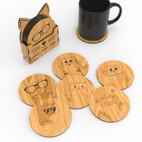 Laser Cut Cute Cat Designed Glass Coaster SVG DXF And Other Drawing Files Machines Includes 6 Different Cat Figures