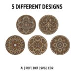 Laser Cut Decorative Multilayer Mandala SVG and DXF Files, Bundle Includes 5 Different Designs, Artistic Wall Decors