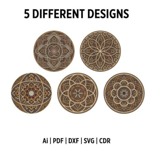 Laser Cut Decorative Multilayer Mandala SVG and DXF Files, Bundle Includes 5 Different Designs, Artistic Wall Decors