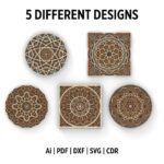 Laser Cut Decorative Multilayer Mandala SVG and DXF Files, Bundle Includes 5 Different Designs, Artistic Wall Decors