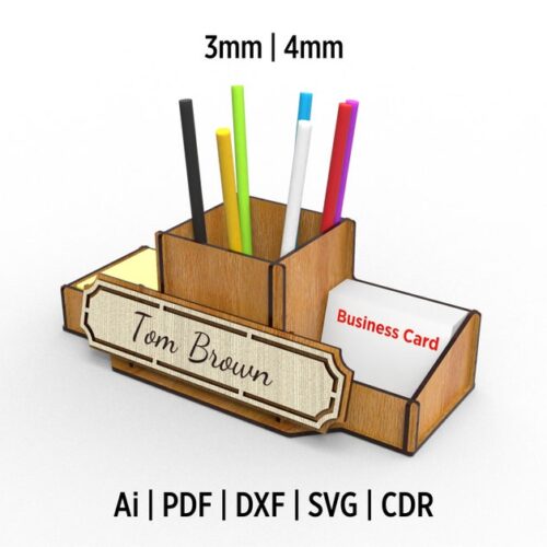 Laser Cut Business Card and Pencil Holder With Nameplate Svg Files For Laser Cutting, Desktop Pencil Holder Box