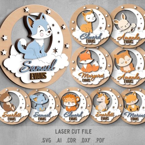 Laser Cut Baby Name Sign SVG Bundle - Moon, Cloud, Wolf, Unicorn Glowforge, Cricut Files